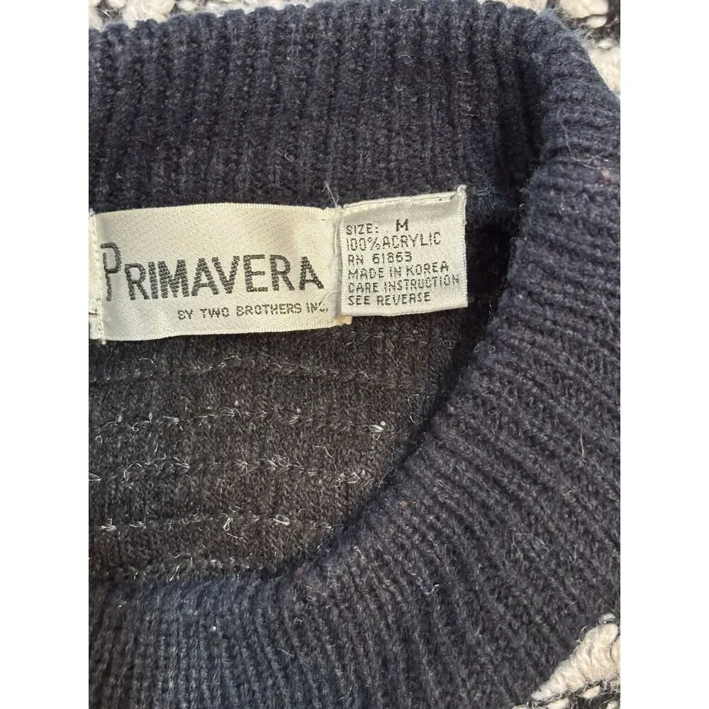 Vintage 90s 3D Knit Sweater Mens M Black White Geometric Champion Patch Grandpa